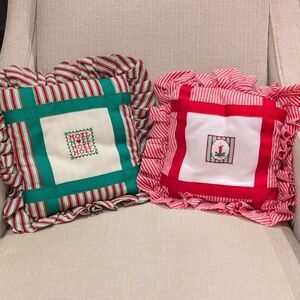 Handcrafted Festive Red and Green Ruffled Cross-stitch Holiday Pillows Set of 2